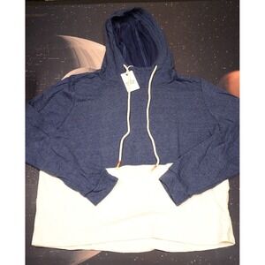 Marine Layer DK Hoodie Women's Large Cropped Navy White Colorblock‎ Long Sleeve